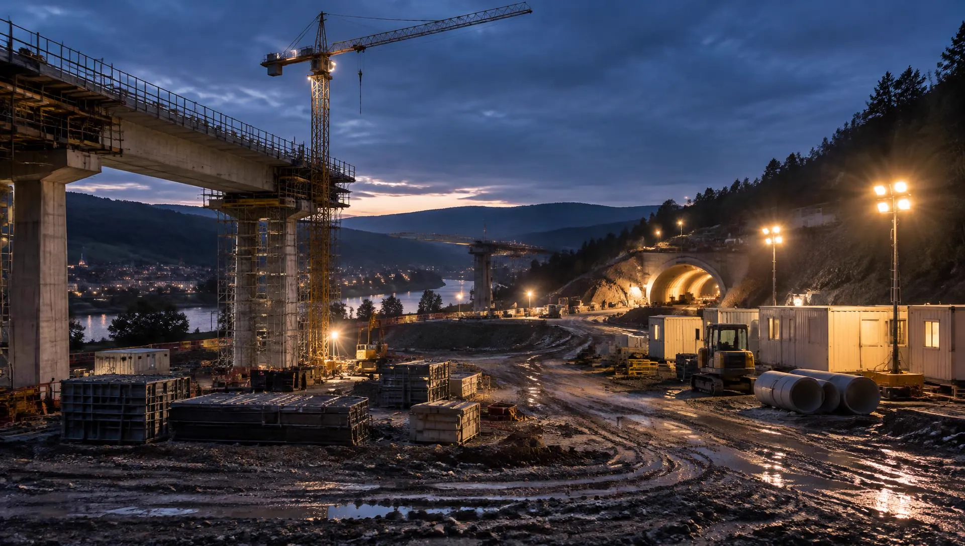 Beleuchtete Infrastrukturbaustelle mit Containern bei Dämmerung